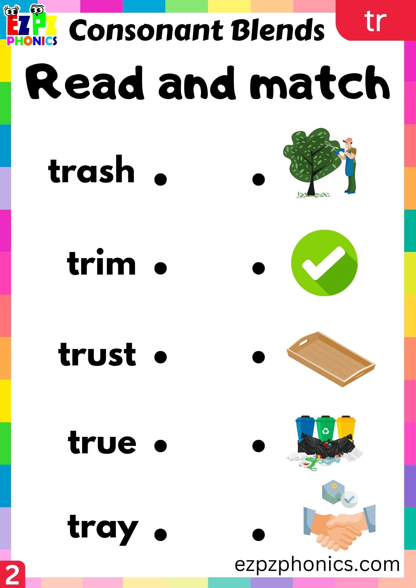 Group2 TR Words Read And Match Phonics Consonant Blends Worksheet